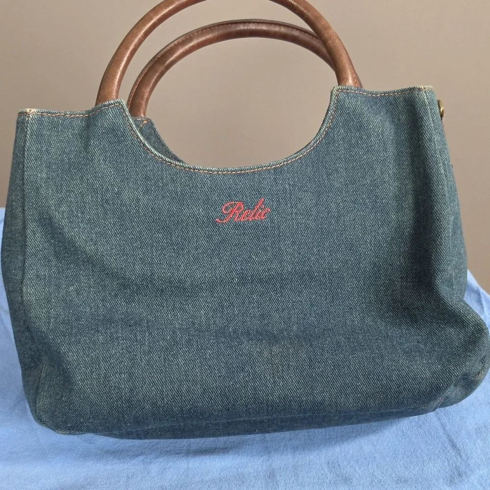 Relic Denim Leather Purse Embroidered Arts & Crafts Design Women's Handbag